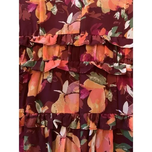 Vince Camuto Ruffled Floral Chiffon Maxi Dress Wine Multi Size 8, NWT 168$‎
